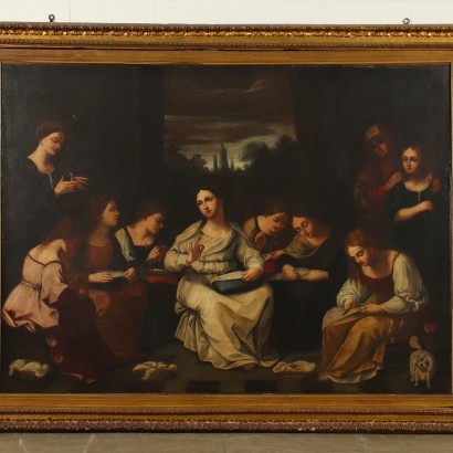 The Sewing School Oil On Canvas 18th 19th Century