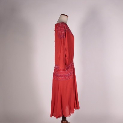 Vintage Red Chiffon Dress WIth Beads Italy 1980s