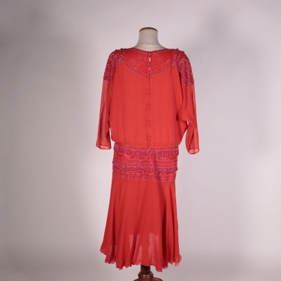 Vintage Red Chiffon Dress WIth Beads Italy 1980s