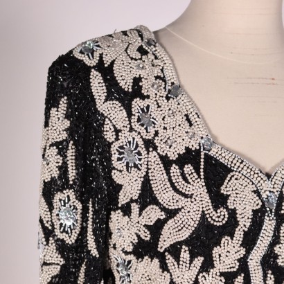 Vintage schwarzer Pullover mit schwarzen und weißen Perlen