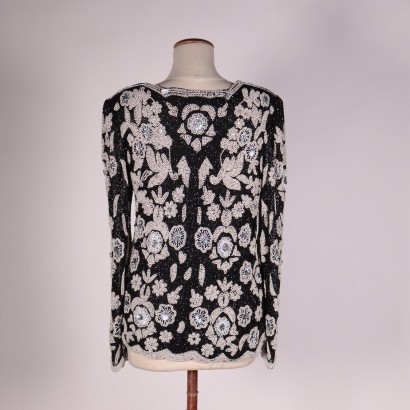 Vintage schwarzer Pullover mit schwarzen und weißen Perlen