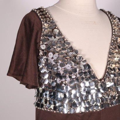 80er Jahre braunes Kleid, Pailletten, Perlen, Bologna (Italien)