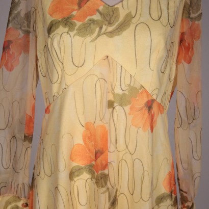 Vintage Long Dress With Poppies Organza Italy 1970s-1980s