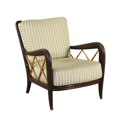 Sillón estilo Paolo Buffa, madera de haya y nogal, cojín de asiento con resortes en correas metálicas, respaldo de espuma, tapizado en tela. Personalizable.