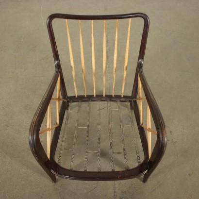 Sessel im Stil von Paolo Buffa, Buchen- und Nussbaumholz, Sitzkissen mit Federn auf Metallbändern, Rückenlehne aus Schaumstoff, Stoffpolsterung. Anpassbar.