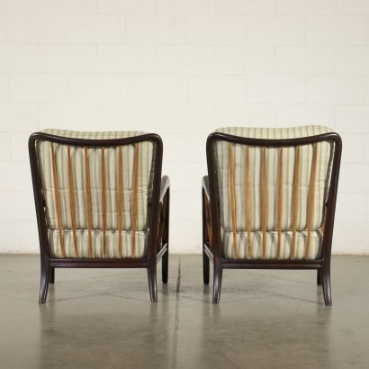 Paar Sessel im Stil von Paolo Buffa, Buchen- und Nussbaumholz, Sitzkissen mit Federung auf Metallbändern, Schaumstoff-Rückenlehne, Stoffpolsterung. Anpassbar: Das Produkt kann von unseren Labors erneuert werden.