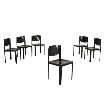 Gruppe von 6 Stühlen Tito Agnoli, Metall, Leder, Italien, 1980er.