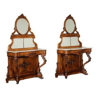 Pair of Umbertine Consoles With Mirros Italy 19th Century