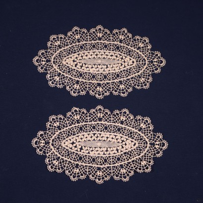 Pair Of Bobin Made Beige Doilies Cotton Italy 20th Century