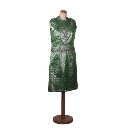 Vintage Geen And Silver Dress With Waistcoat Silk Italy 1960s-1970s