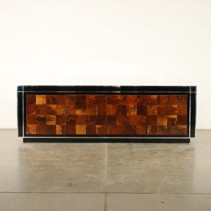Sideboard Burl Veneer Chromed Metal Lacquered Wood Glass Italy 1970s