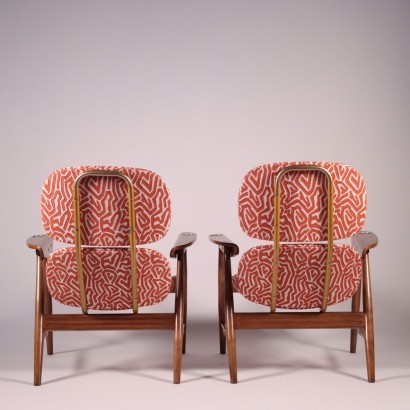 Armchairs Padded Wood Fabric Italy 1960s