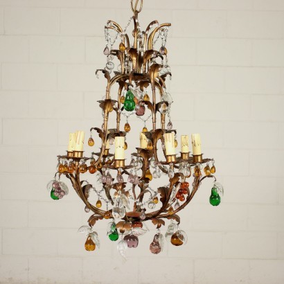 Chandelier Bronze Shear Plate Glass Italy 20th Century