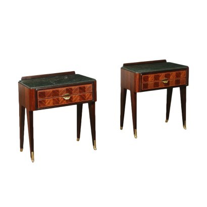 Bedside Tables Veneered Wood Marble Brass Italy 1950s 1960s