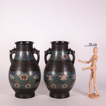 Paire de Vases Cloisonnées Meiji Bronze Émail - Japon XIX-XX Siècle