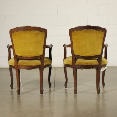 Pair Of Revival Armchairs Walnut Padded Italy 20th Century