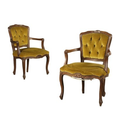 Pair Of Revival Armchairs Walnut Padded Italy 20th Century