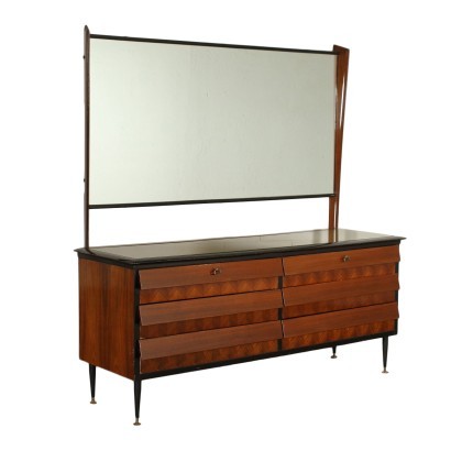 cómoda con espejo, chapa de palisandro, con acabado de poliéster, vidrio retro-tratado, patas de metal, cómoda de los años 60