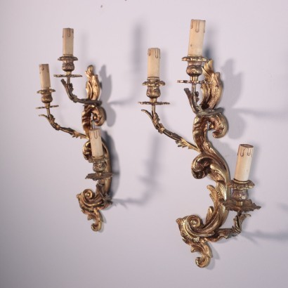Paar Dreiflammige Wandlampen, Vergoldeter Bronze, Italien, XX Jhd.