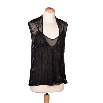 Black Top With Beads Embroideries Silk Tulle Milan