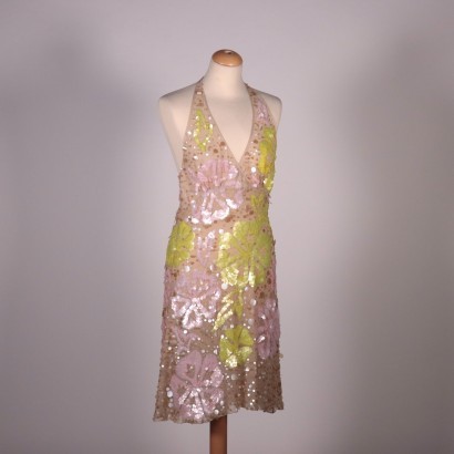 Nico Fontana Beige Floral Dress Silk Sequins Italy