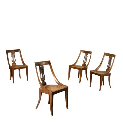 Pair of 4 Empire Chairs Walnut Brass Italy 19th Century