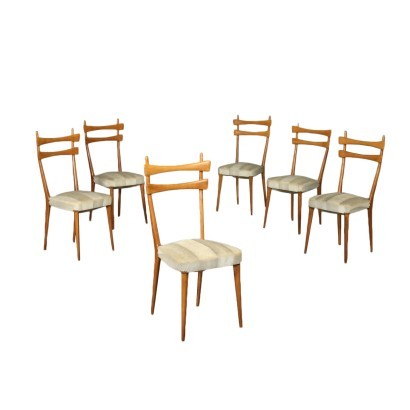 Group Of Six Chairs Beech Spring Skai Italy 1950s 1960s