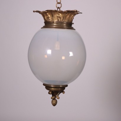 Ceiling Lamp Opaline Glass Gilded Bronze Brass Italy 20th Century