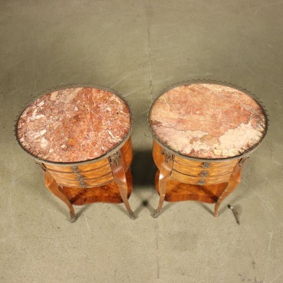 Pair of Revival Bedside Tables Sessile Oak Bronze Marble 20th Century