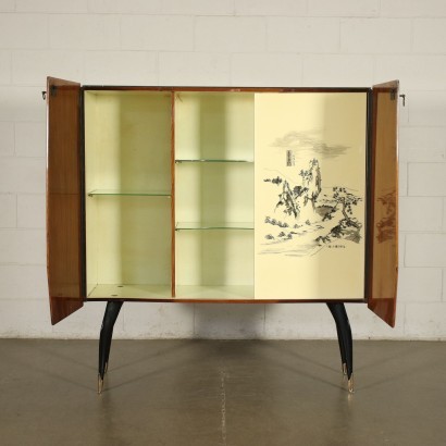 Cabinet Veneered Lacquered Stained Wood Brass Glass Italy 1950s 1960s