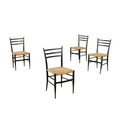 Group Of Four Chairs Ebony Stained Beech Braided Rope Italy 1960s