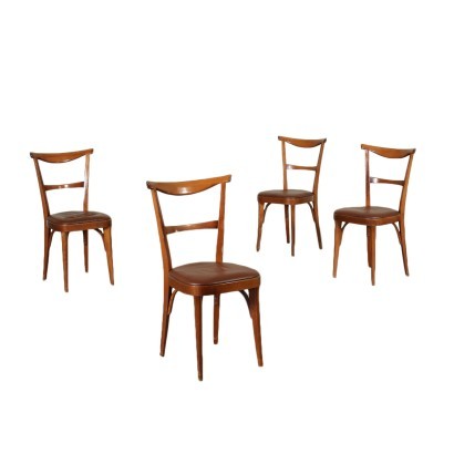 Group Of Four Chairs Stained Beech Foam Leatherette Italy 1950s 1960s