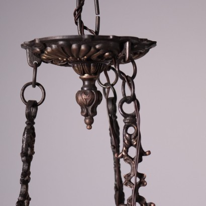 Lantern Shaped Chandelier Brass Bronze Glass Italy 20th Century