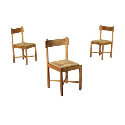 Group Of Three Chairs Beech Straw Italy 1960s