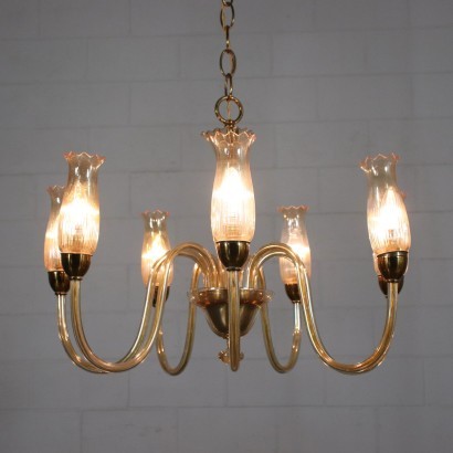Chandelier Amber Glass Brass Vintage Italy 1950s