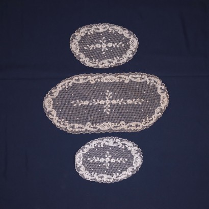 Set Of 3 Oval Filet Doilies Cotton Italy 20th Century