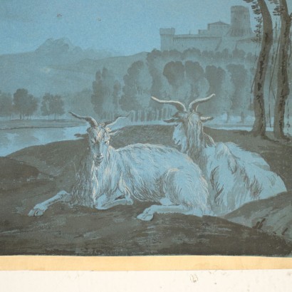 Rural Nightscape With Goats Mixed Technique On Cardboard 18th Century