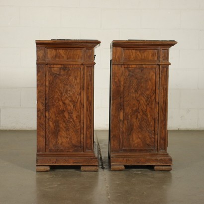 Pair of Revival Bedside Table Walnut Cherry Marble Italy 20th Cenutry