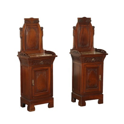 Pair of Liberty Bedside Table Mahogany Cherry Marble Italy 20th Cent
