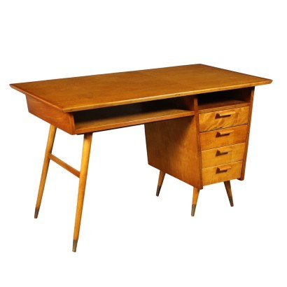 Writing Desk Veneered Wood Solid Fruitwood Brass Beech Argentina 1950s