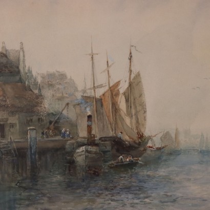 arte, arte italiano, pintura italiana del siglo XIX, Albert Pollitt, Vista costera con barcos, Albert Pollitt, Albert Pollitt