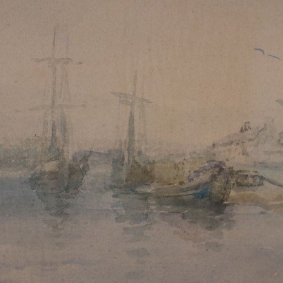 arte, arte italiano, pintura italiana del siglo XIX, Albert Pollitt, Vista costera con barcos, Albert Pollitt, Albert Pollitt