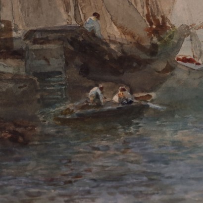 arte, arte italiana, pittura ottocento italiana,Albert Pollitt,Veduta costiera con barche,Albert Pollitt,Albert Pollitt