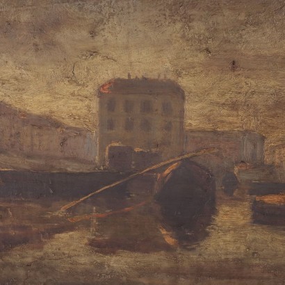 Glimpse of The Darsena In Milan Oil on Board Italy 20th Century