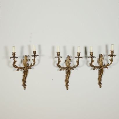 Set Of 3 Barocchetto Revival Wall Lights Gilded Bronze Italy 20th Cent