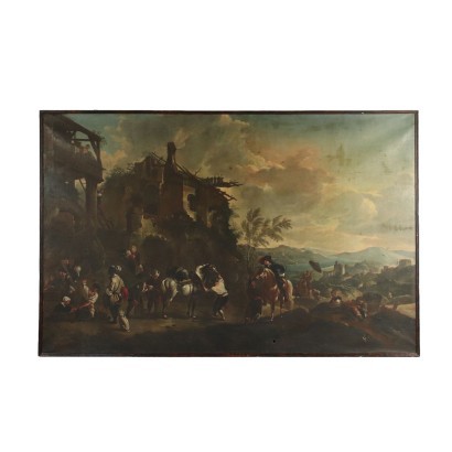 Landscape With Figures And Knights Oil On Canvas 18th Century