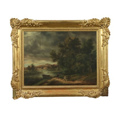 Landscape With Hunters Oil On Canvas 19th Century