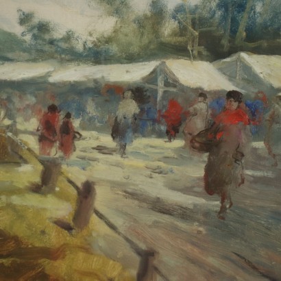 Glimpse Of A Village With Figures Oil on Canvas 20th Century