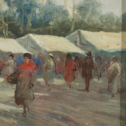 Glimpse Of A Village With Figures Oil on Canvas 20th Century