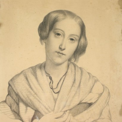 Portrait d\'une Jeune Femme Crayon sur Papier XIX Siècle